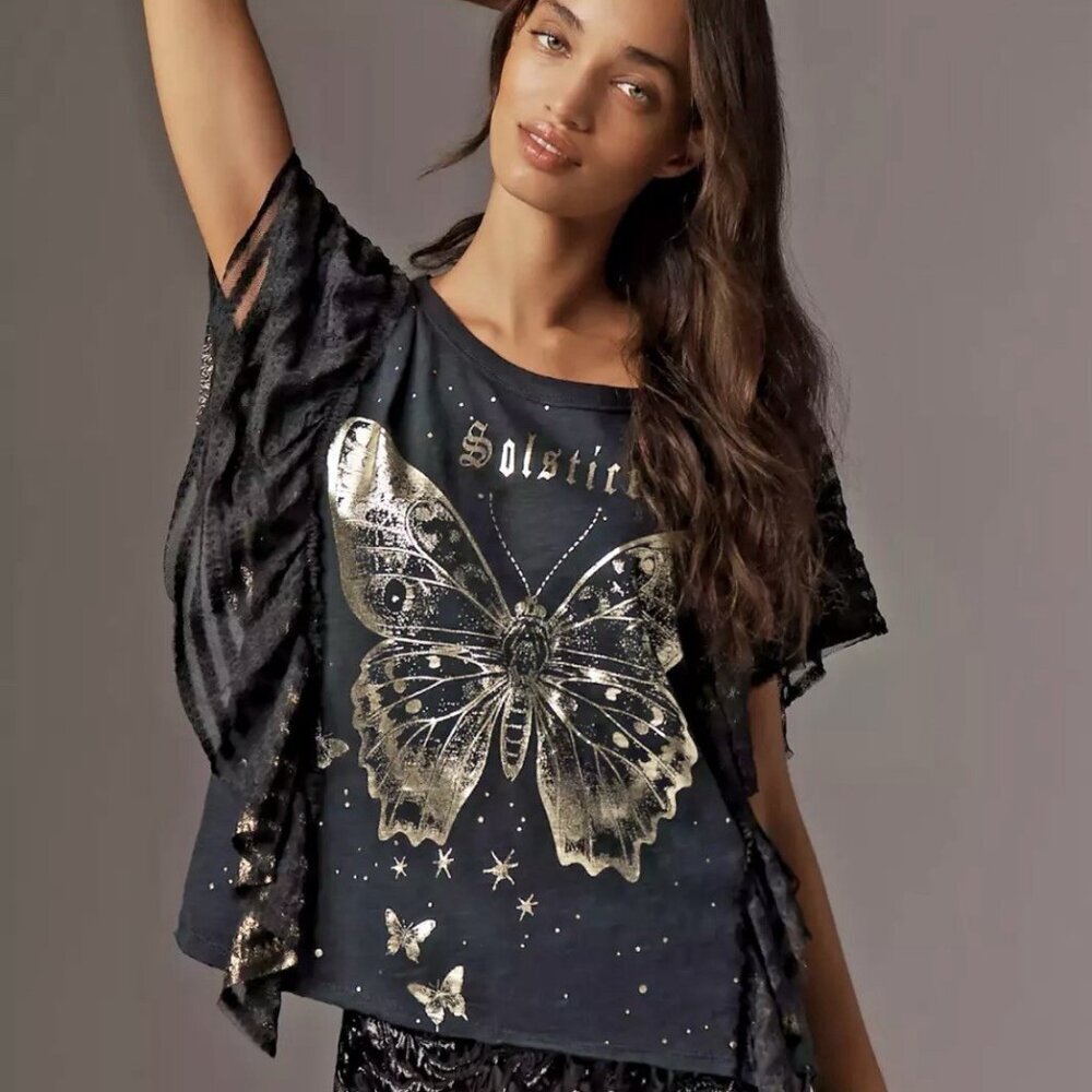 Anthropologie Pilcro Solstice Butterfly Moth Top Whimsi Goth Grunge Boxy XXS NWT